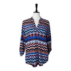 Absolutely Famous Popover Top Split Neck Tab Sleeves Blue Women’s Size Large